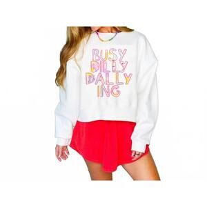 NEW POPPY & PINE busy dilly dallying crop long sleeve sweatshirt in white